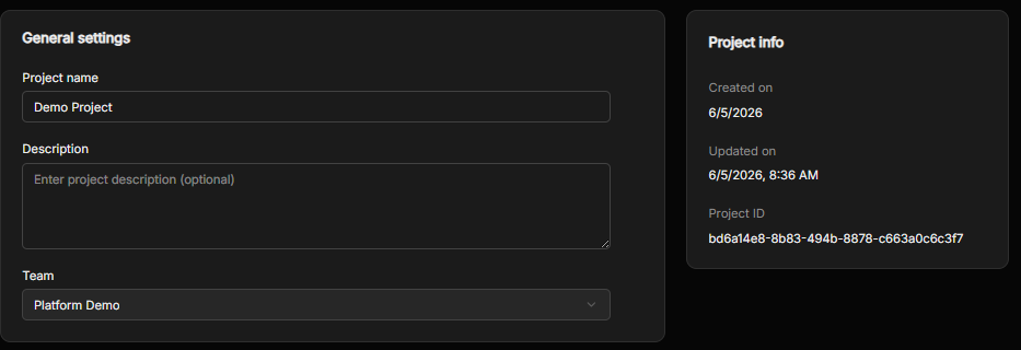 The General settings card, with project name, description and team fields, beside the read-only Project info panel
