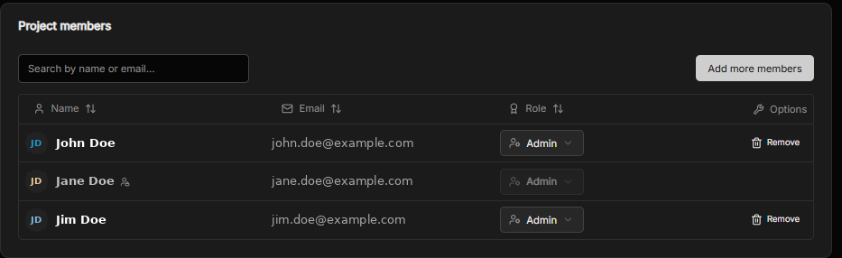 The Project members table, listing each member's name, email and role, with an Add more members button