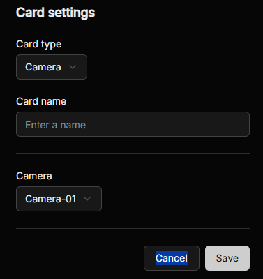Camera card settings, selecting the card type, a name, and which camera to display