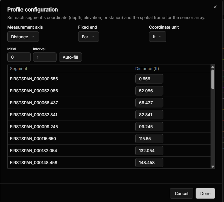The Profile configuration dialog, setting measurement axis, fixed end and coordinate unit, with a coordinate for each segment