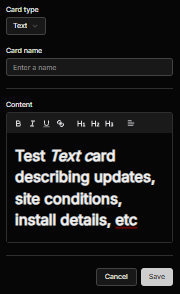 Text card settings, with a formatting toolbar above the content area
