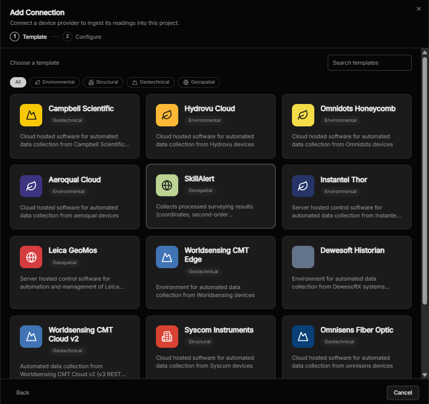 The Add Connection wizard on the Template step, showing provider cards filtered by category