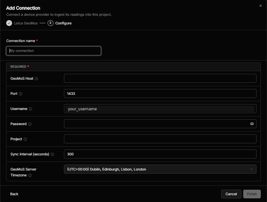 The Configure step for Leica GeoMos, showing a completely different set of fields