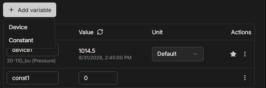 The Add variable menu, offering Device or Constant