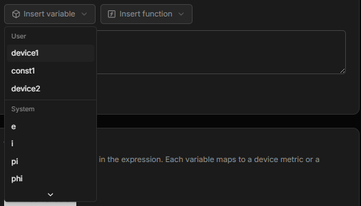 The Insert variable menu, listing user variables and system constants