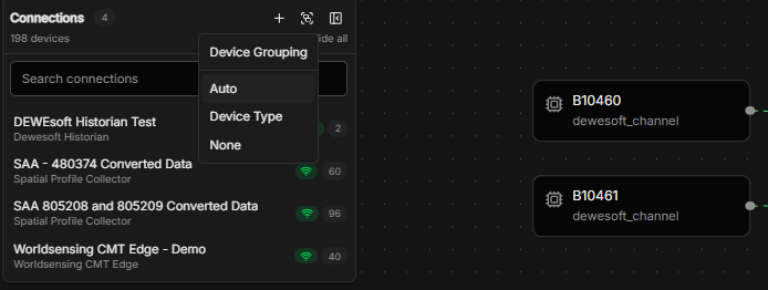The Device Grouping menu open on the connections pane, offering Auto, Device Type and None