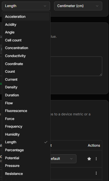 The Unit group list, offering acceleration, angle, length, pressure and many others