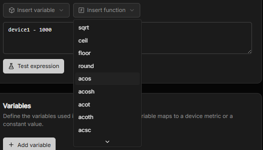 The Insert function menu, listing sqrt, ceil, floor, round and trigonometric functions
