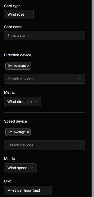 Wind rose card settings, with separate direction and speed device selectors and a unit